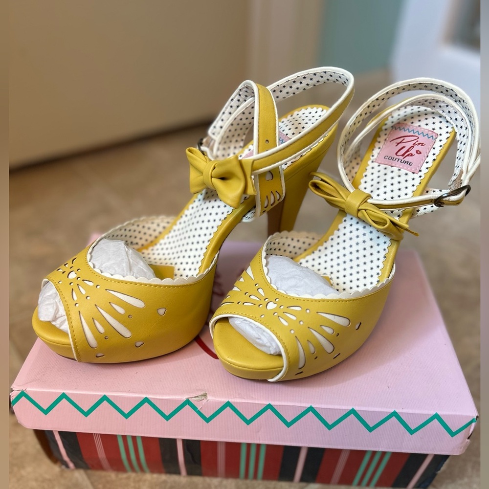 Women’s, Pinup Couture, Yellow Strappy High Heel peep toe Sandals